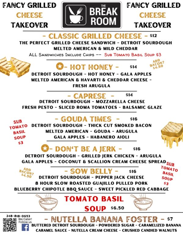 The Break Room gourmet grilled cheese menu