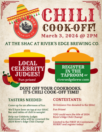 Event flyer for River's Edge Brewing Co. 2024 Chili Cookoff. Brewery logo decorated with a sombrero and 2 images of cooking pots with the captions of Local Celebrity Judges and Register in the Taproom or at RiversEdgeBrew.com